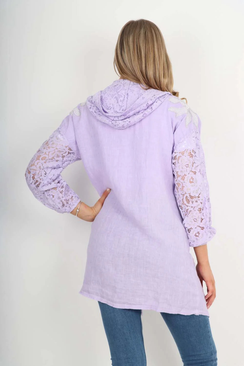 Italian Lace Sleeve Hooded Long Cardigan - Lilac