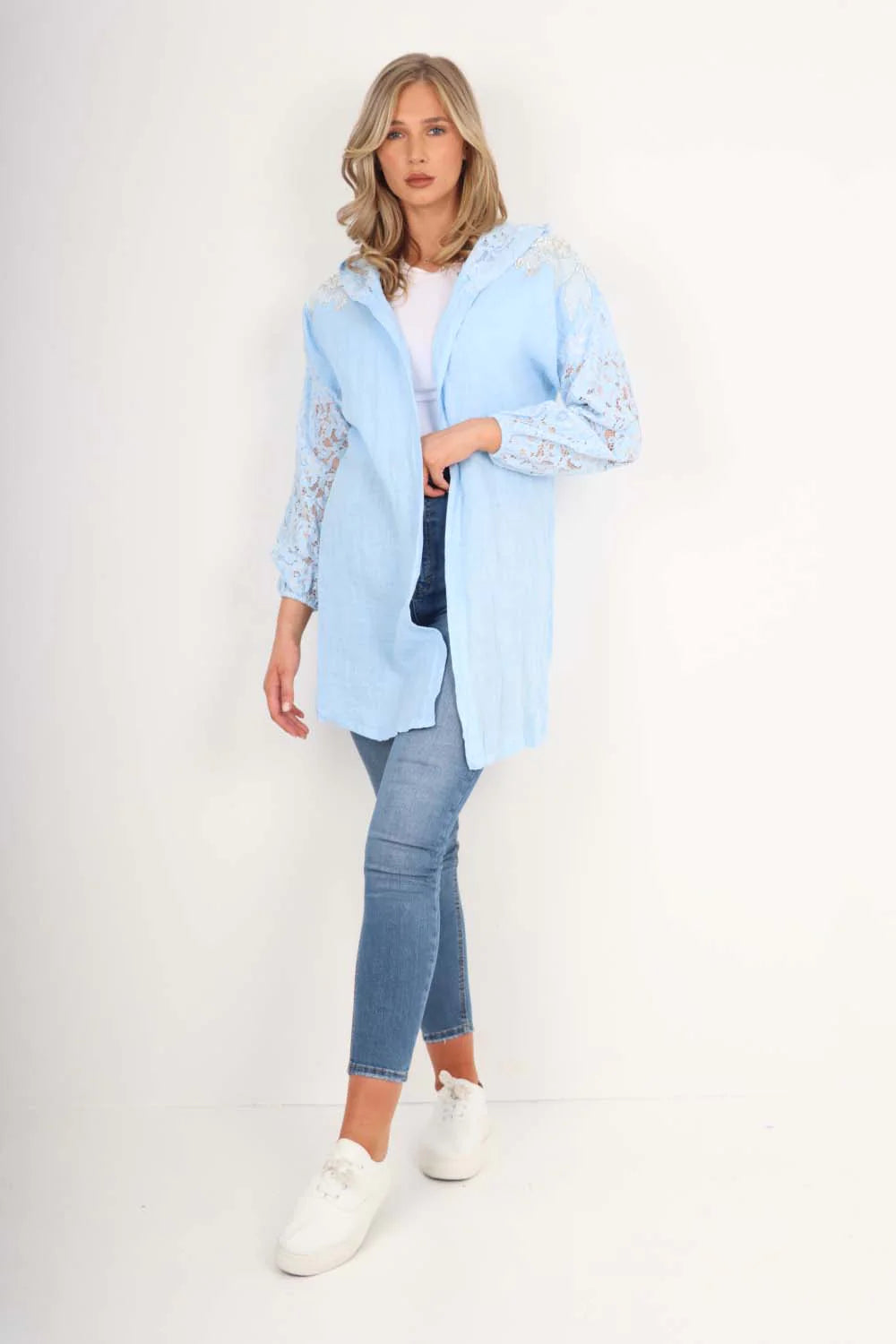 Italian Lace Sleeve Hooded Long Cardigan - Sky Blue