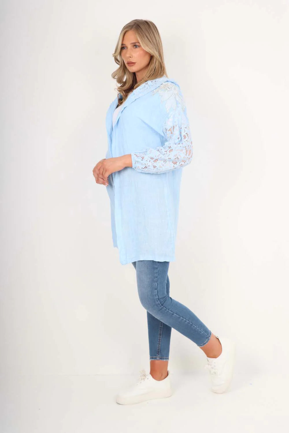 Italian Lace Sleeve Hooded Long Cardigan - Sky Blue