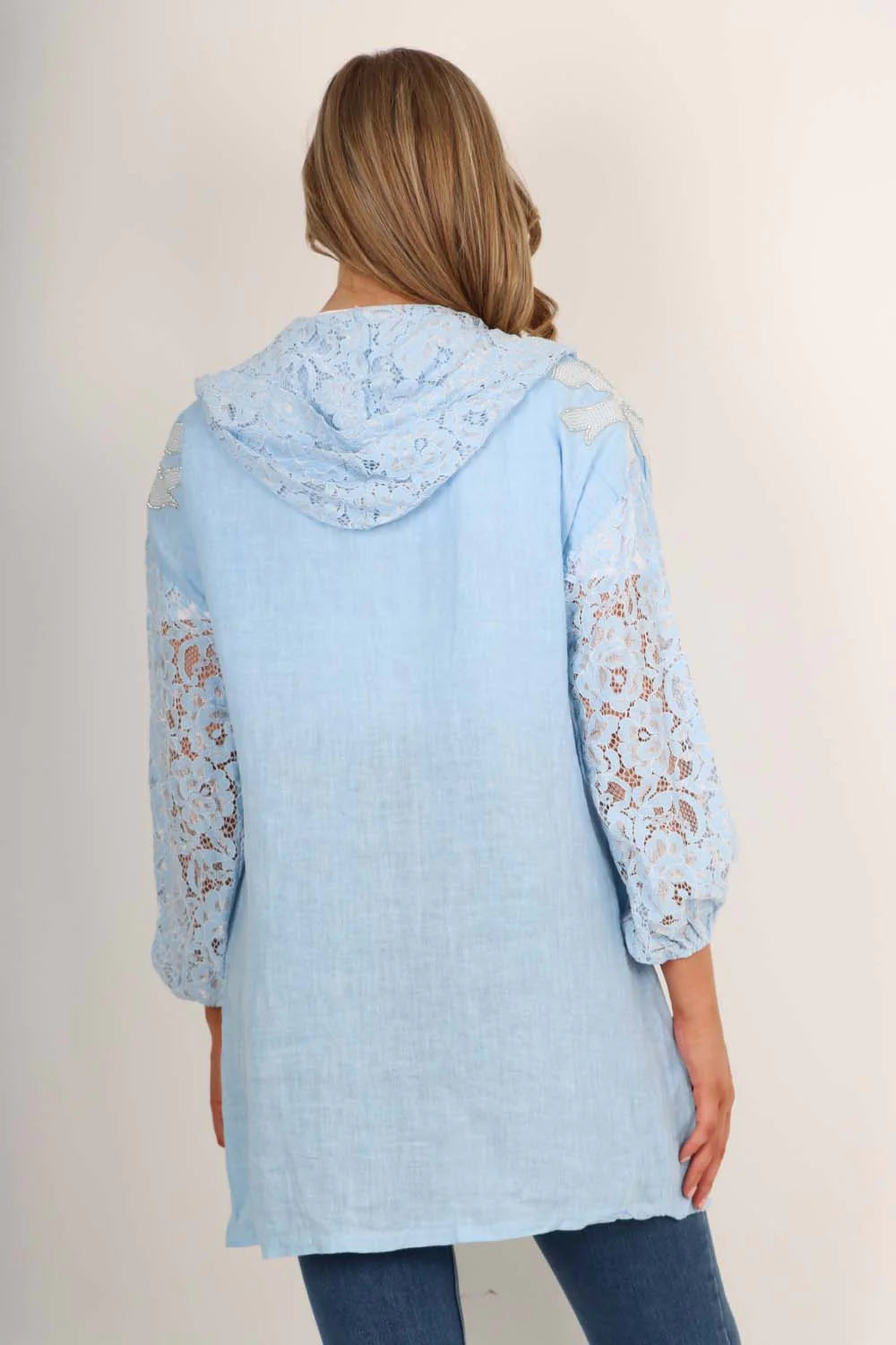 Italian Lace Sleeve Hooded Long Cardigan - Sky Blue