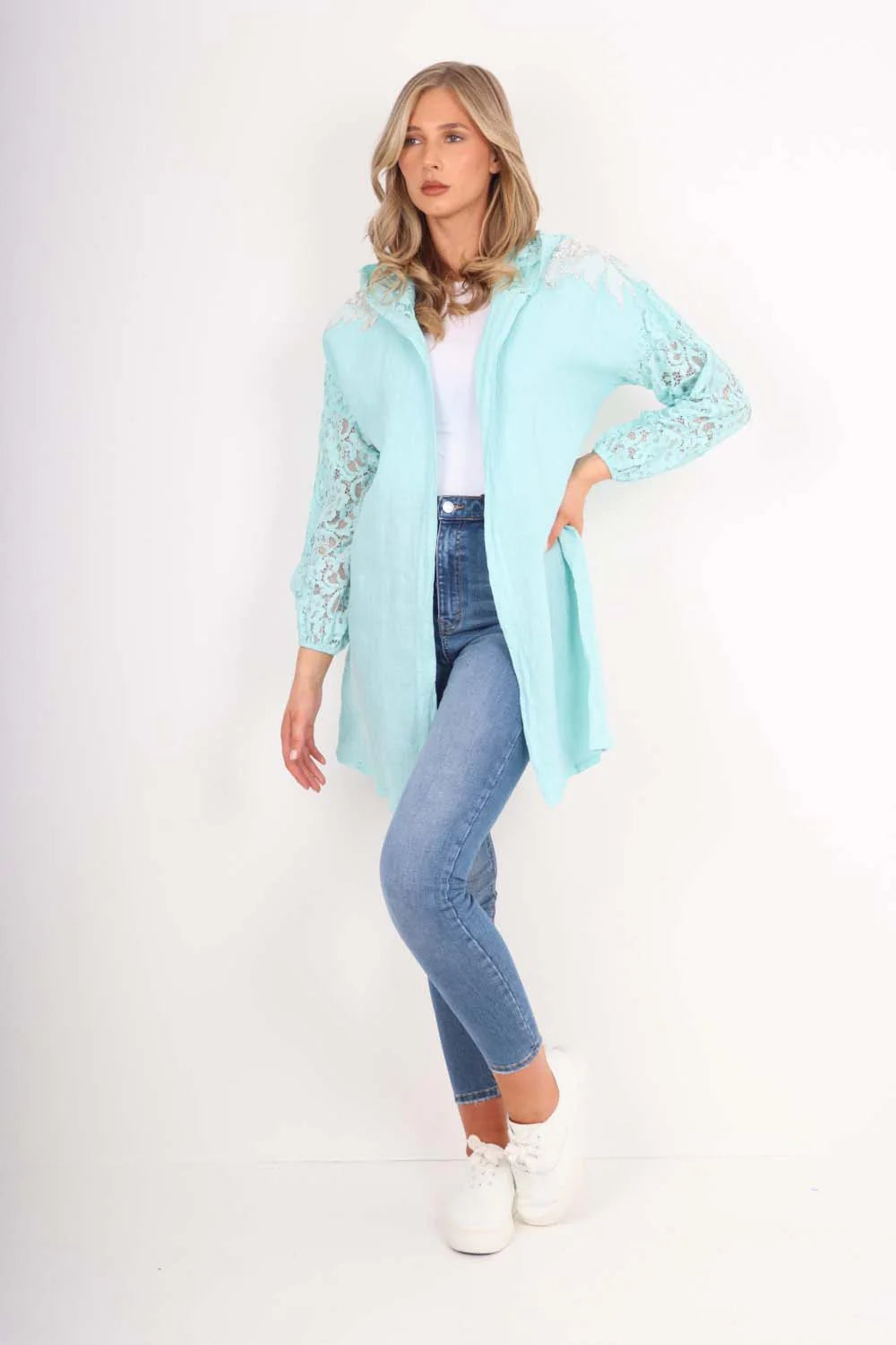 Italian Lace Sleeve Hooded Long Cardigan - Turquoise