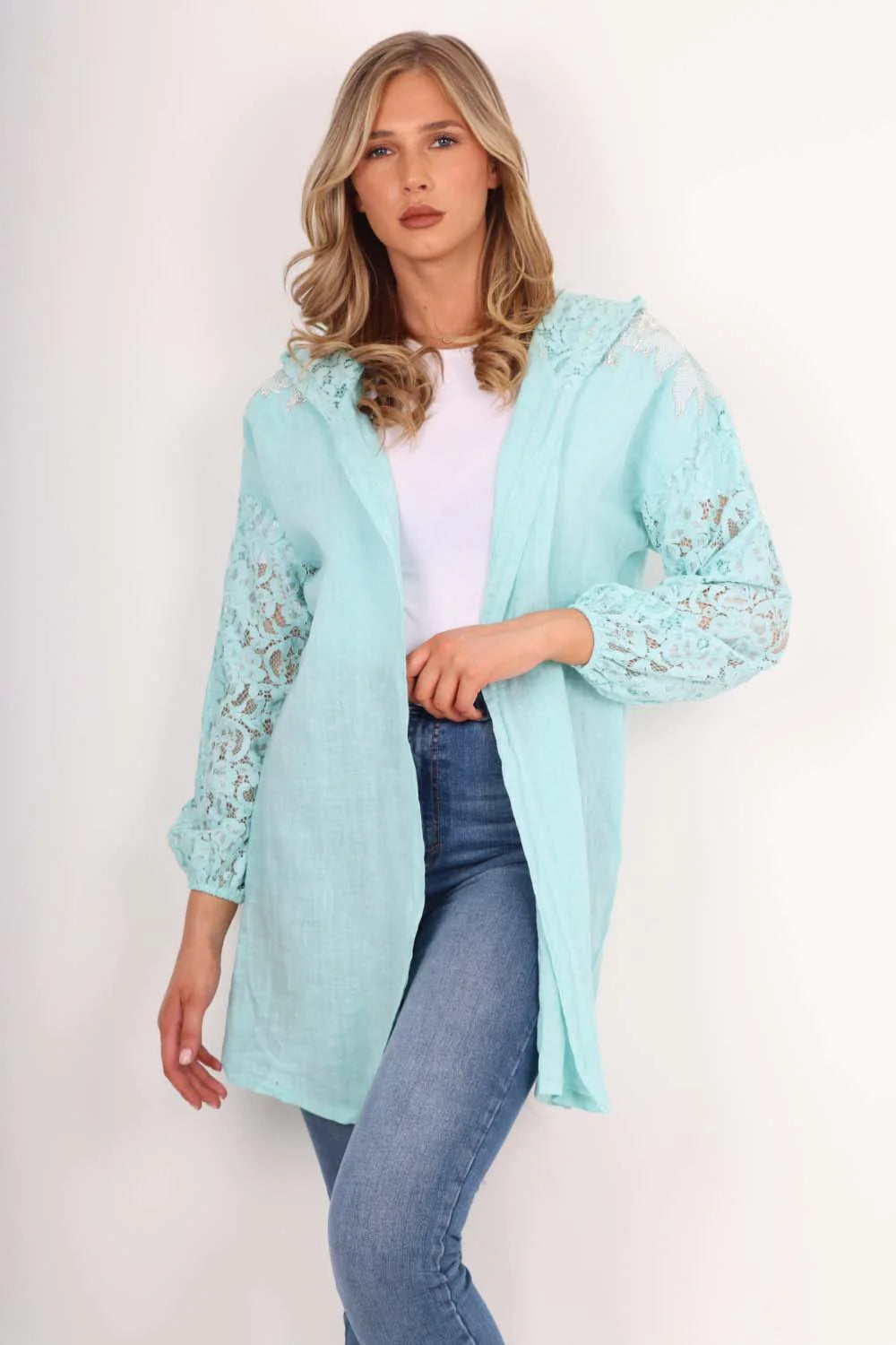 Italian Lace Sleeve Hooded Long Cardigan - Turquoise