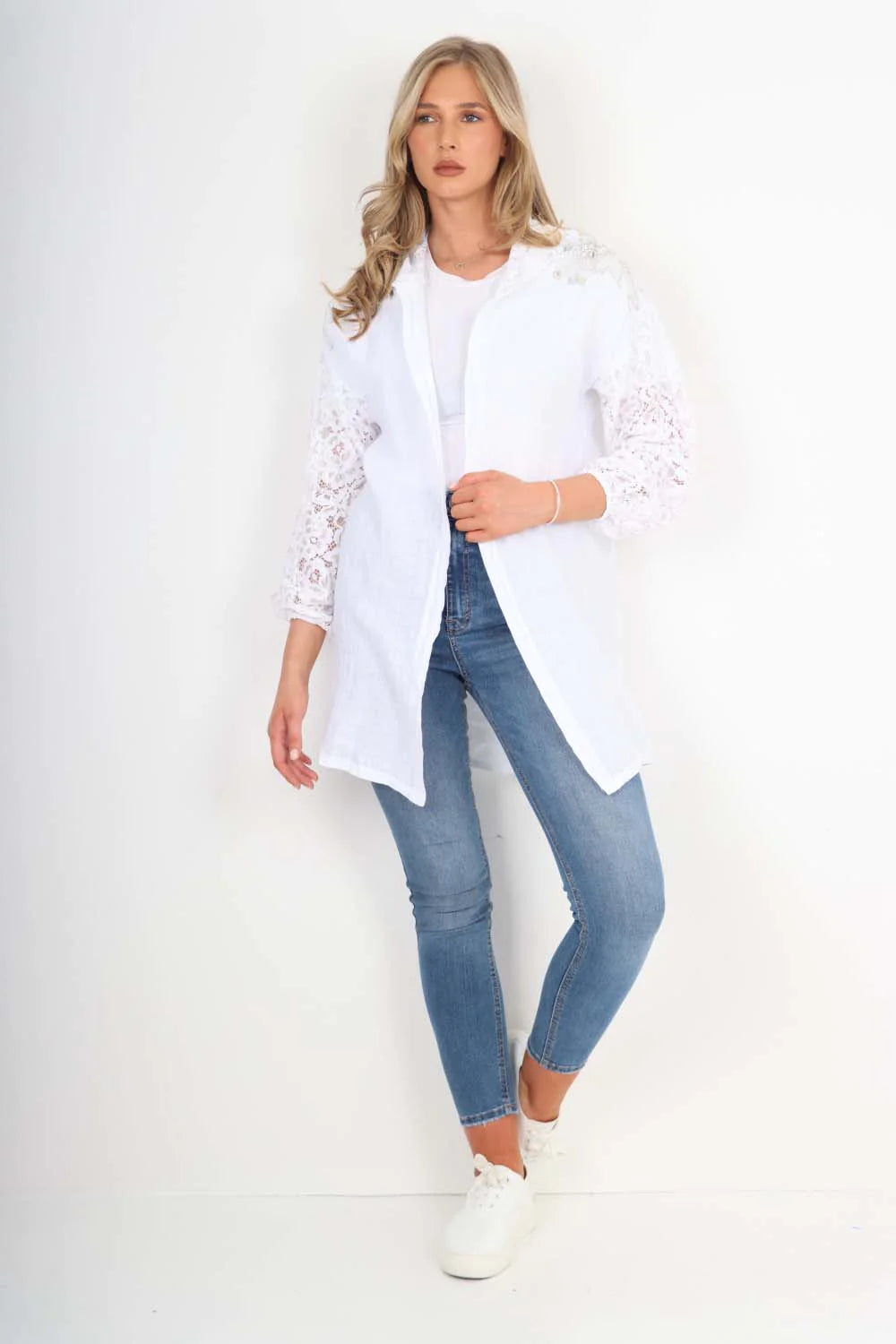 Italian Lace Sleeve Hooded Long Cardigan - White