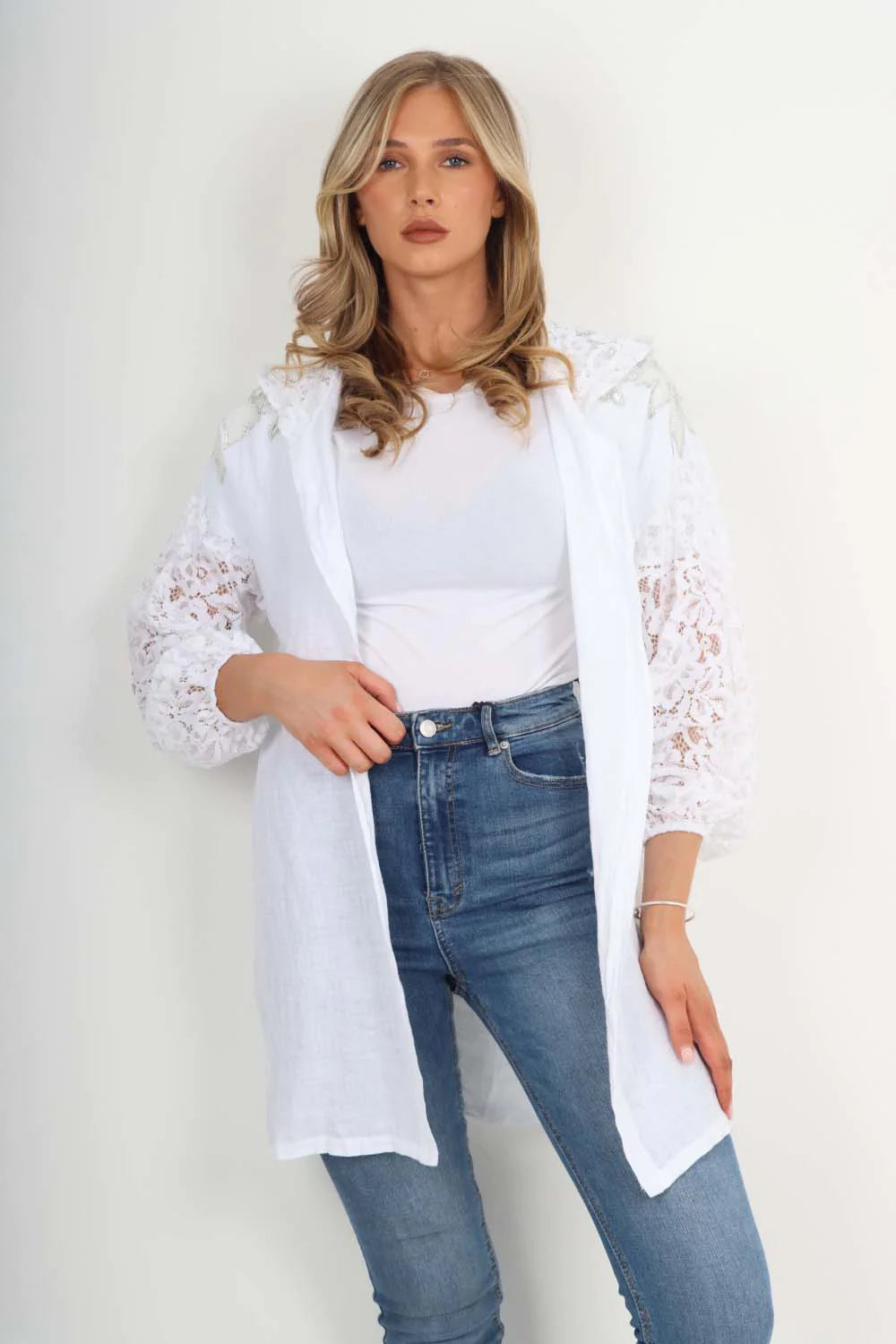 Italian Lace Sleeve Hooded Long Cardigan - White