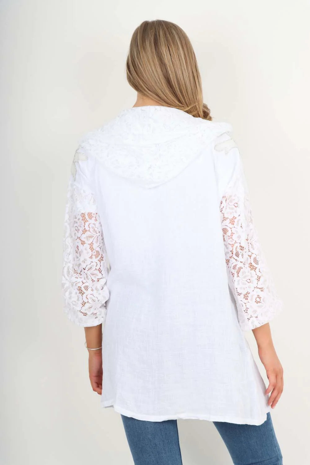 Italian Lace Sleeve Hooded Long Cardigan - White