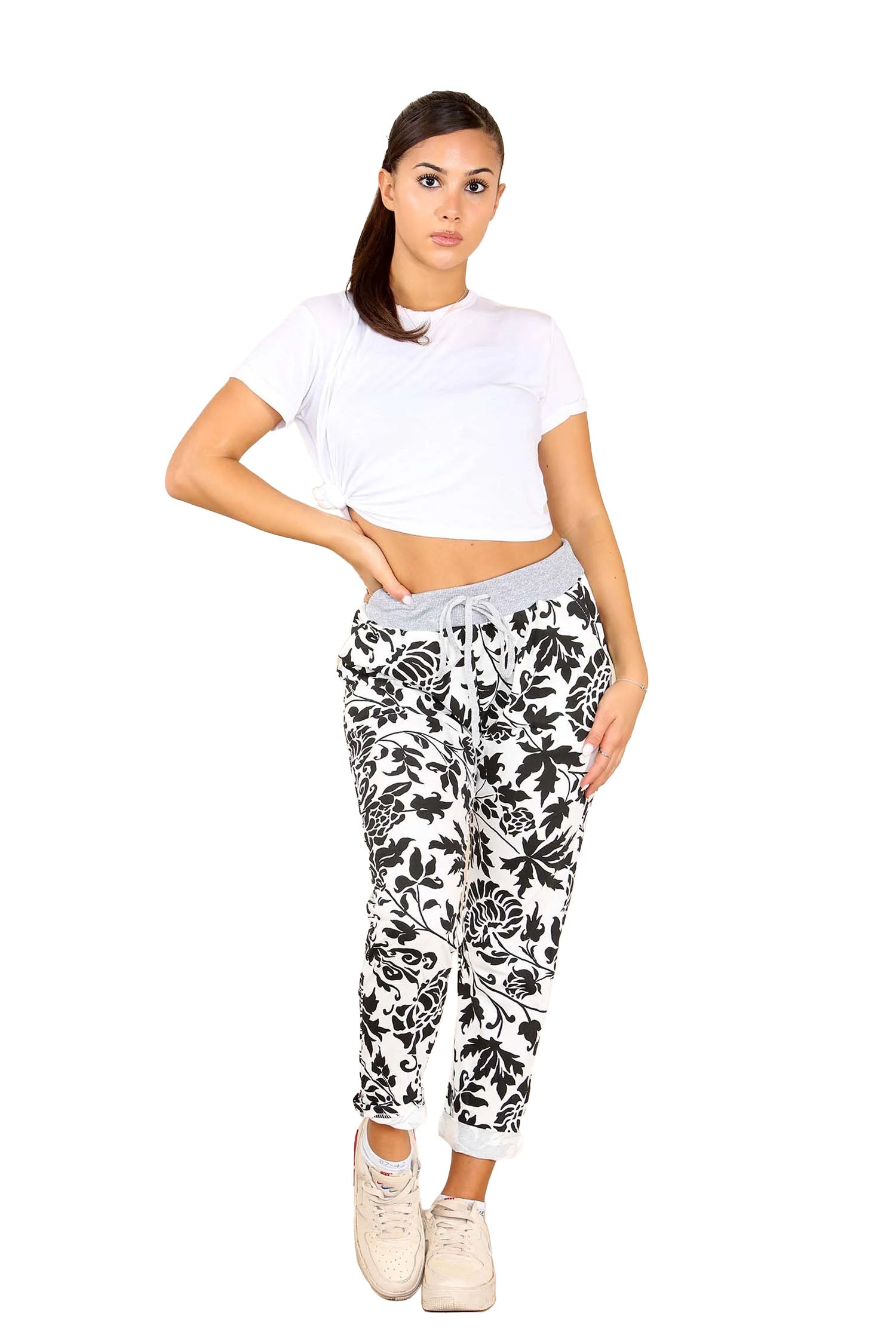 Italian Leaf Print Drawstring Cotton Joggers - Black