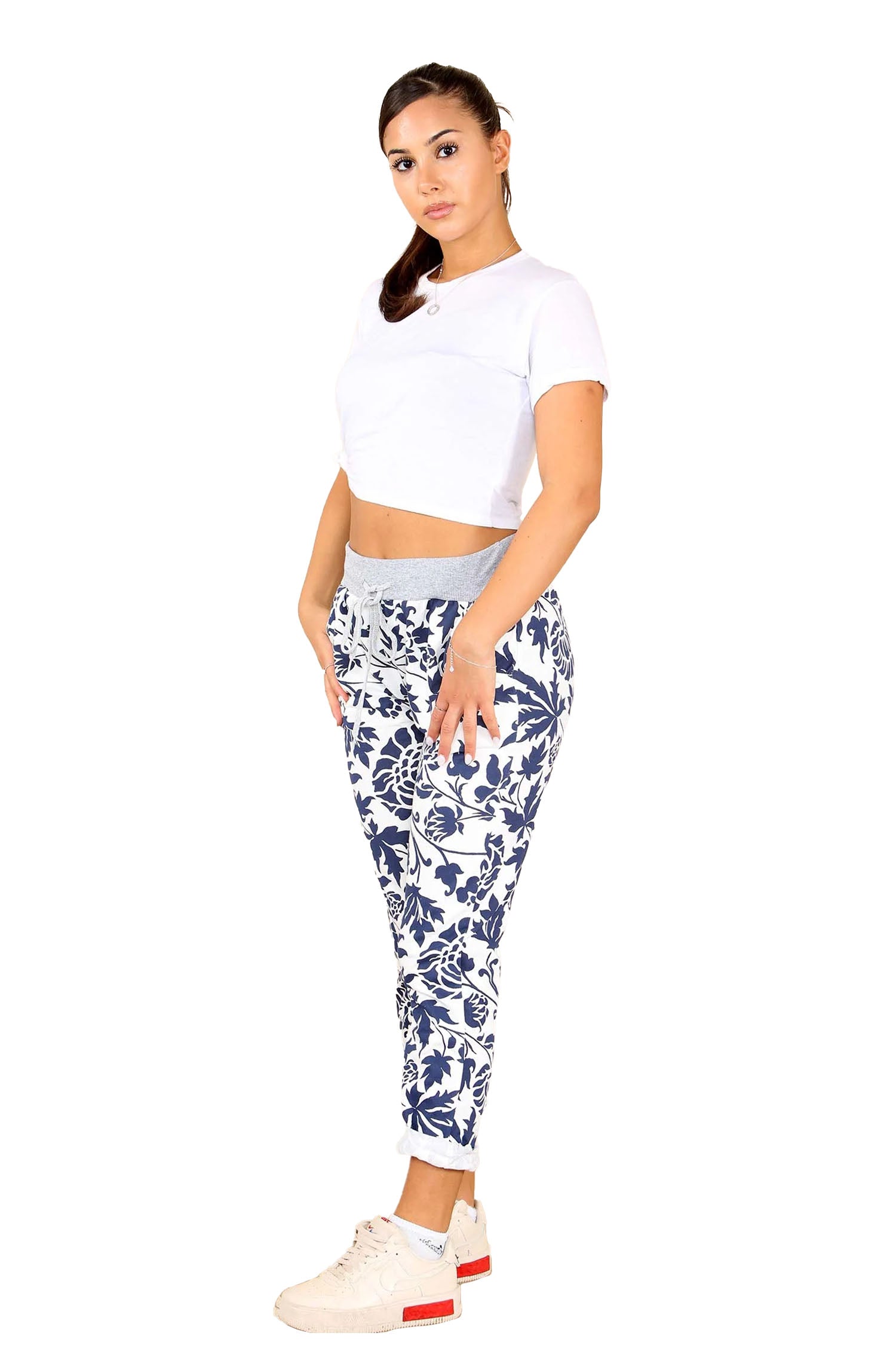 Italian Leaf Print Drawstring Cotton Joggers - Blue