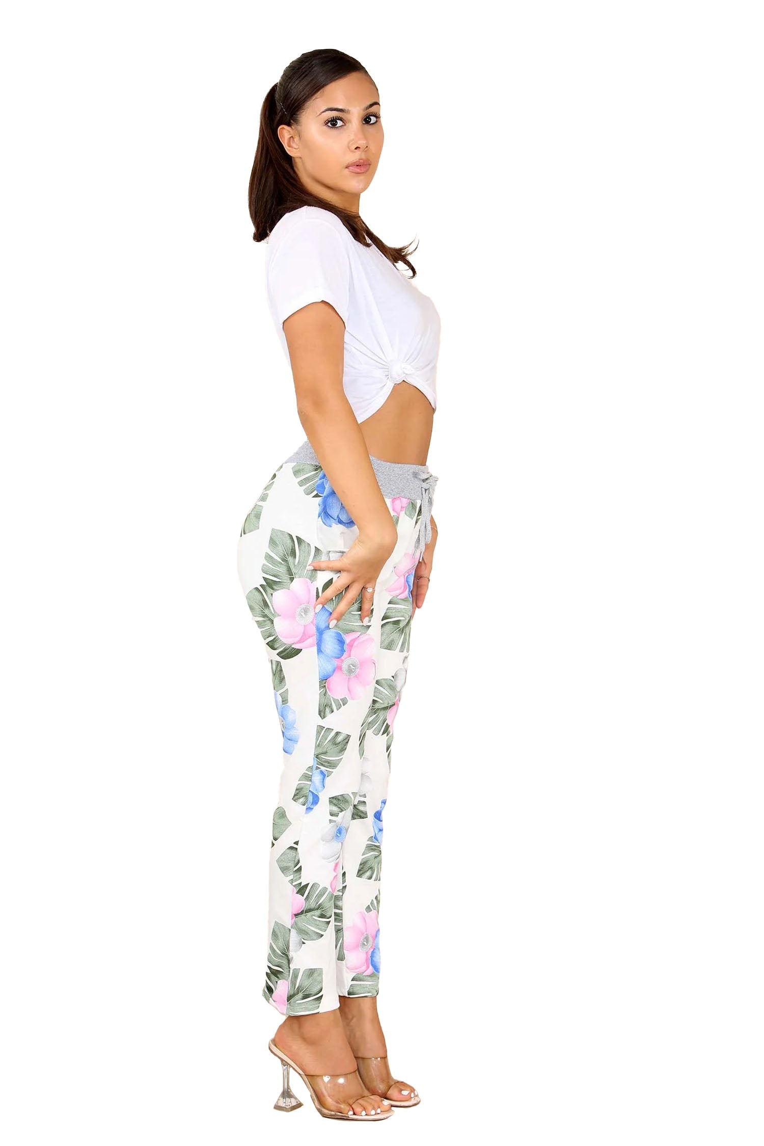 Italian Flower Leaf Print Drawstring Cotton Joggers - White