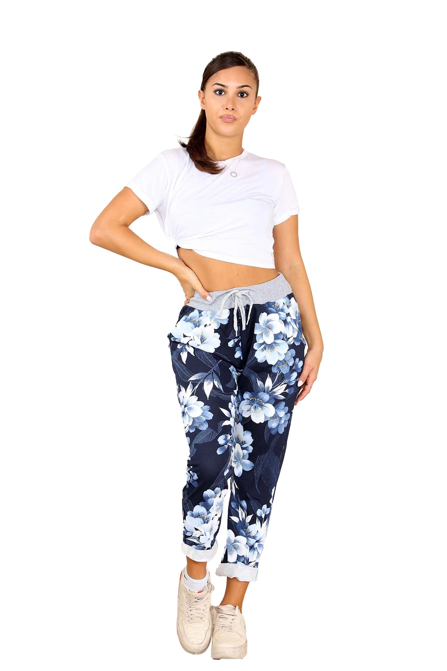 Italian Lily Print Drawstring Cotton Joggers - Navy Blue