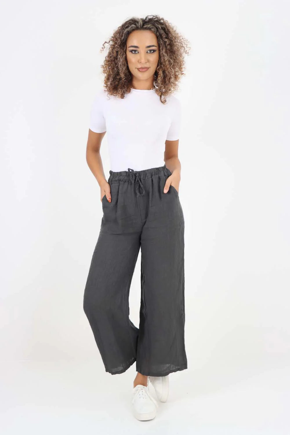 Italian Plain Linen Palazzo Trouser - Charcoal