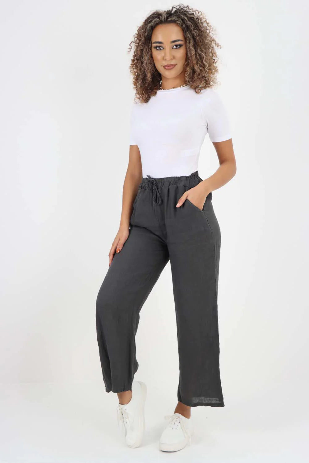 Italian Plain Linen Palazzo Trouser - Charcoal