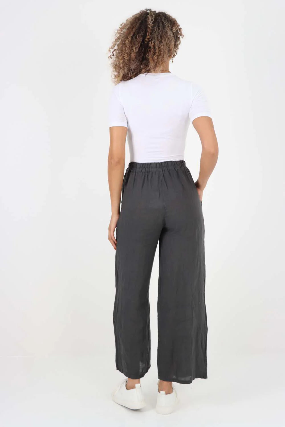 Italian Plain Linen Palazzo Trouser - Charcoal