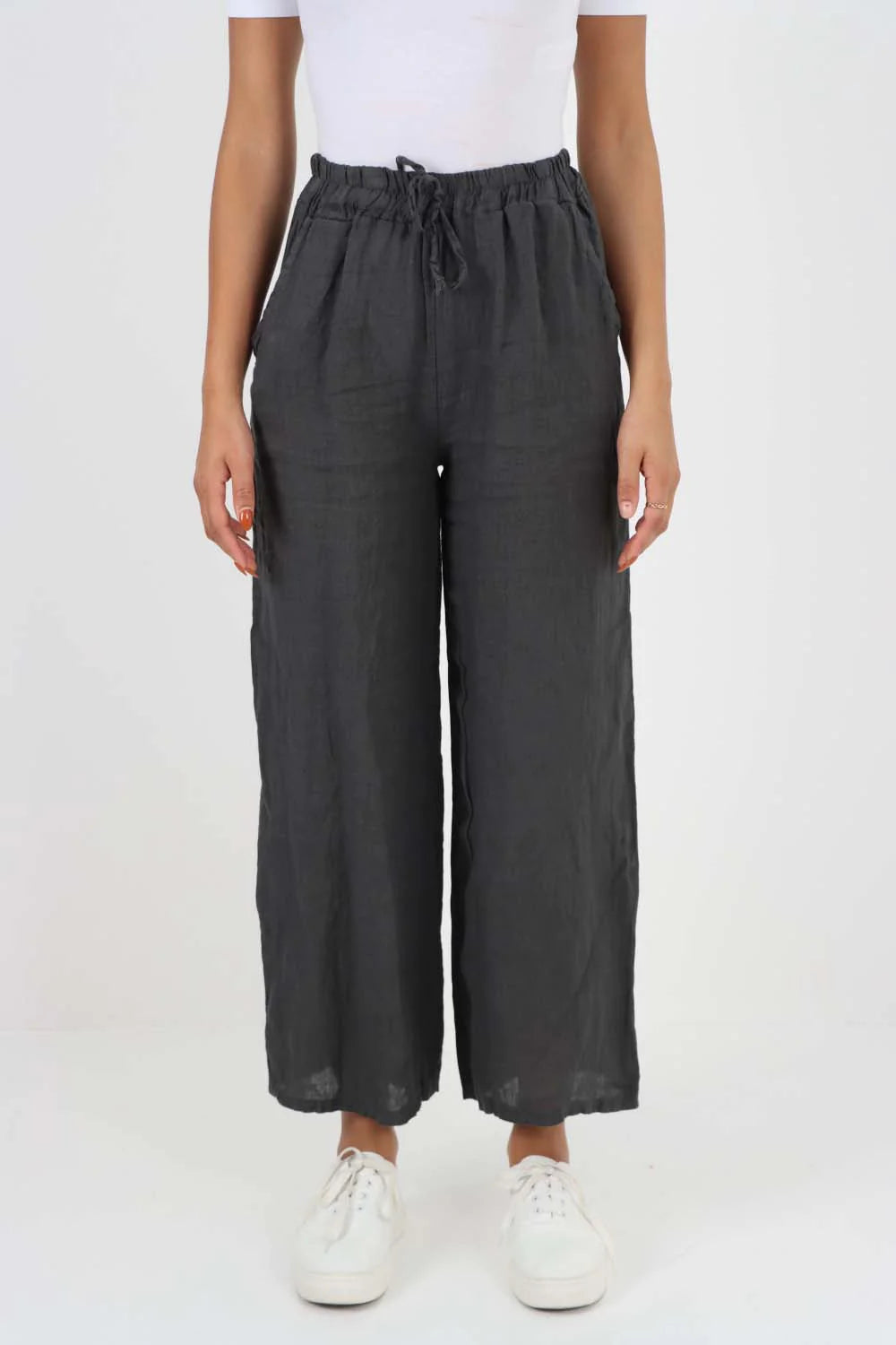 Italian Plain Linen Palazzo Trouser - Charcoal