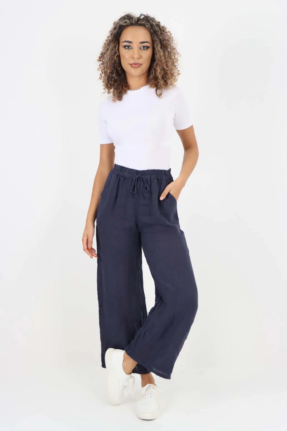 Italian Plain Linen Palazzo Trouser - Dark Denim