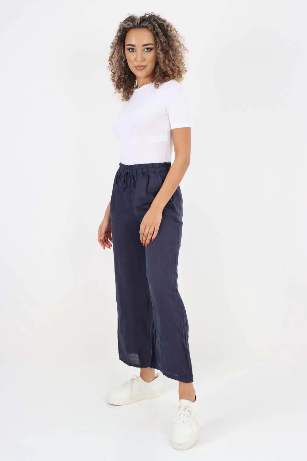 Italian Plain Linen Palazzo Trouser - Dark Denim