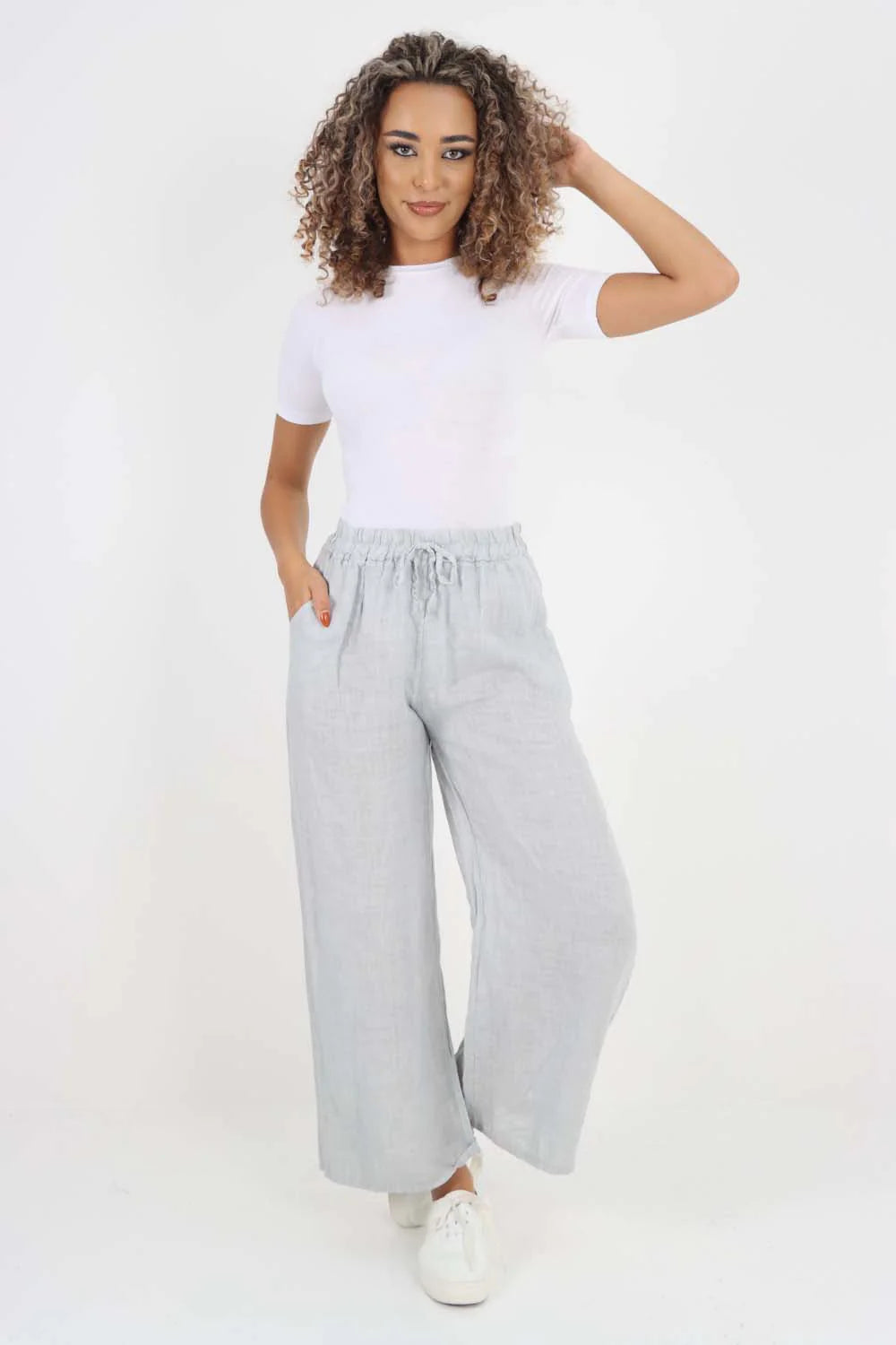 Italian Plain Linen Palazzo Trouser - Grey