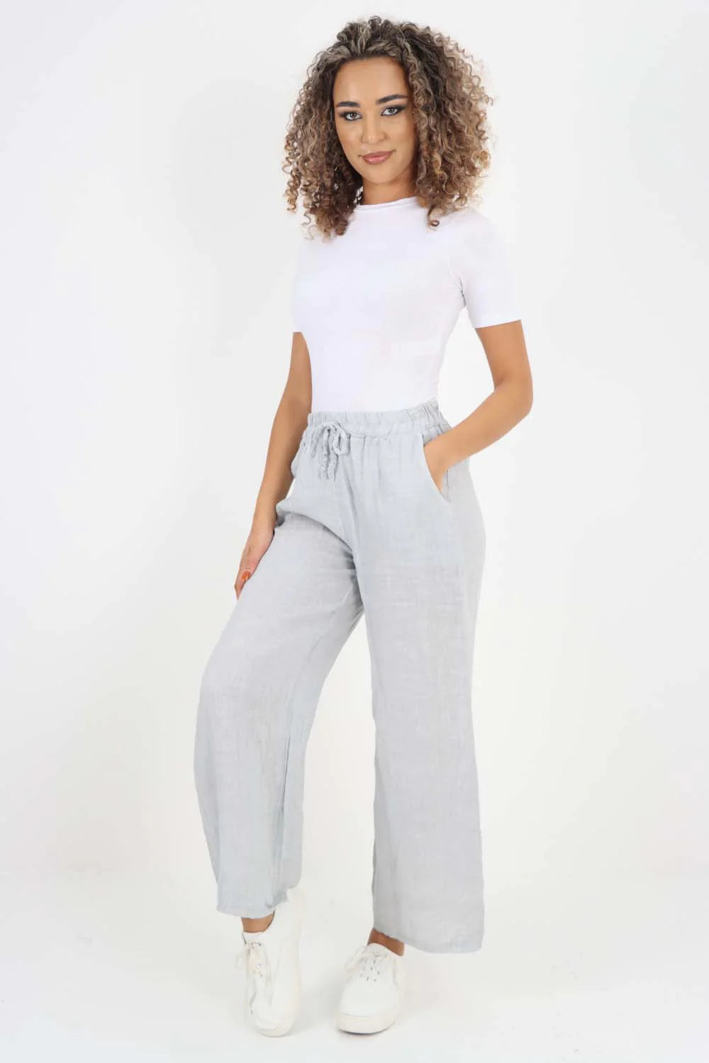 Italian Plain Linen Palazzo Trouser - Grey