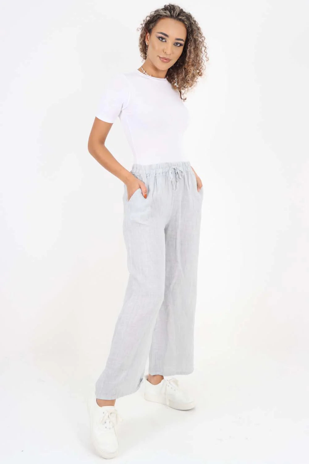 Italian Plain Linen Palazzo Trouser - Grey