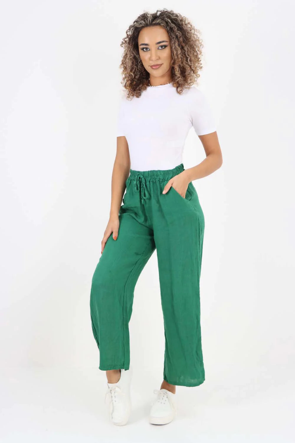 Italian Plain Linen Palazzo Trouser - Jade Green