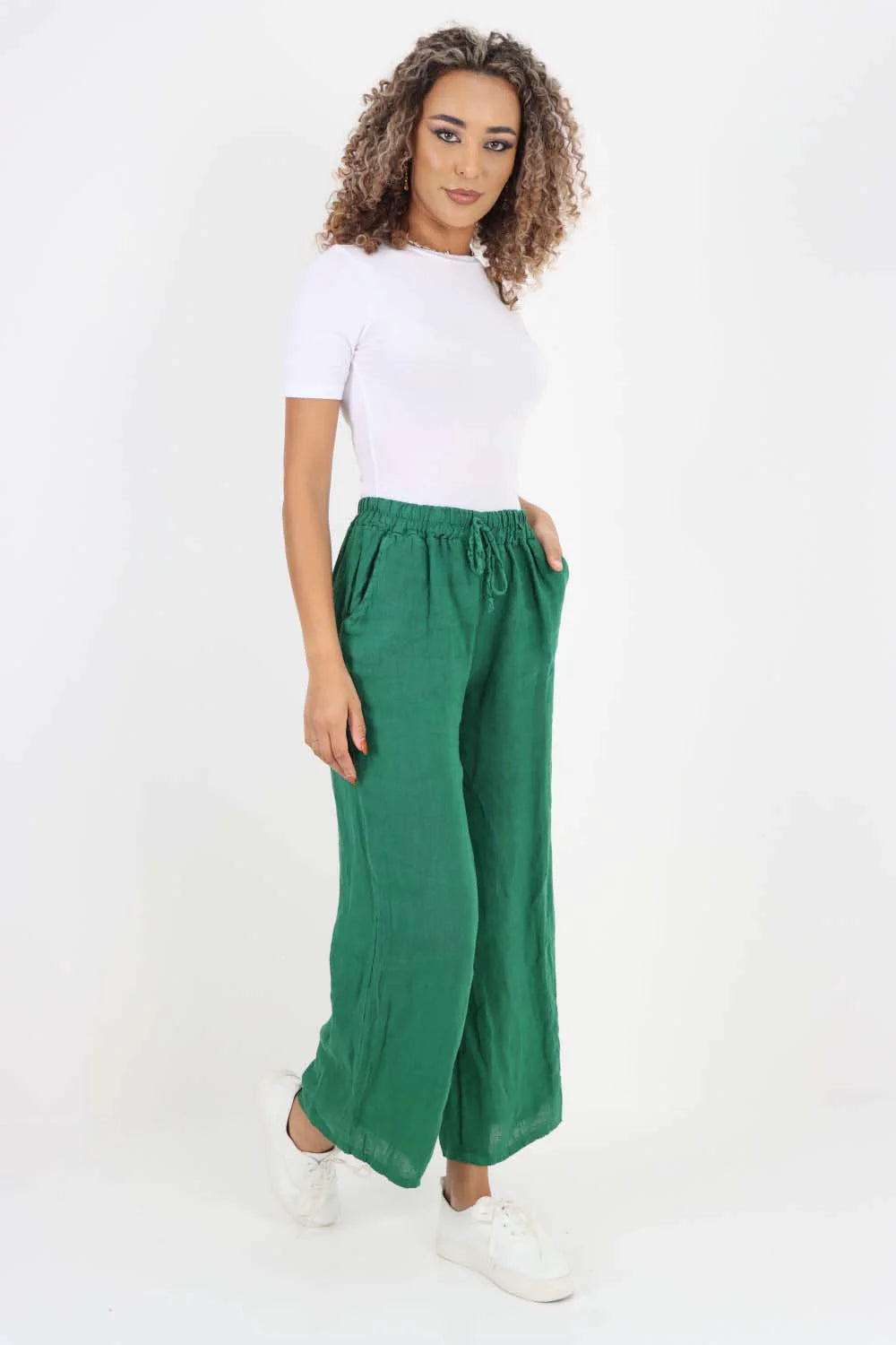 Italian Plain Linen Palazzo Trouser - Jade Green