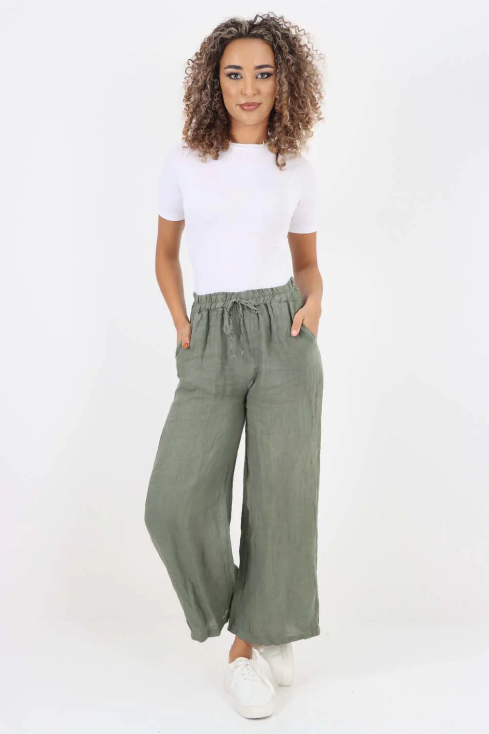 Italian Plain Linen Palazzo Trouser - Khaki