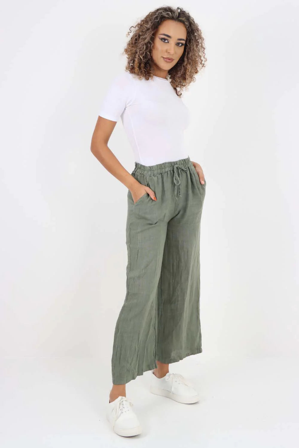 Italian Plain Linen Palazzo Trouser - Khaki