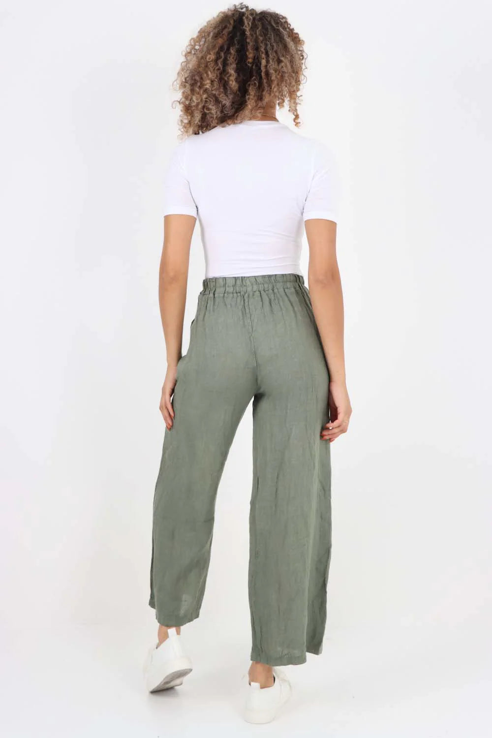 Italian Plain Linen Palazzo Trouser - Khaki