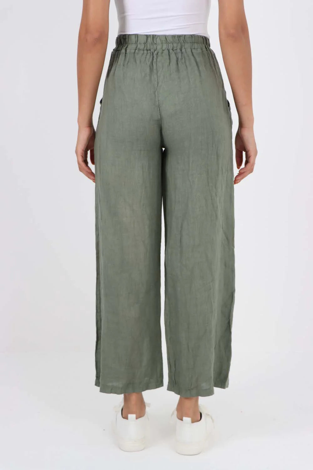 Italian Plain Linen Palazzo Trouser - Khaki