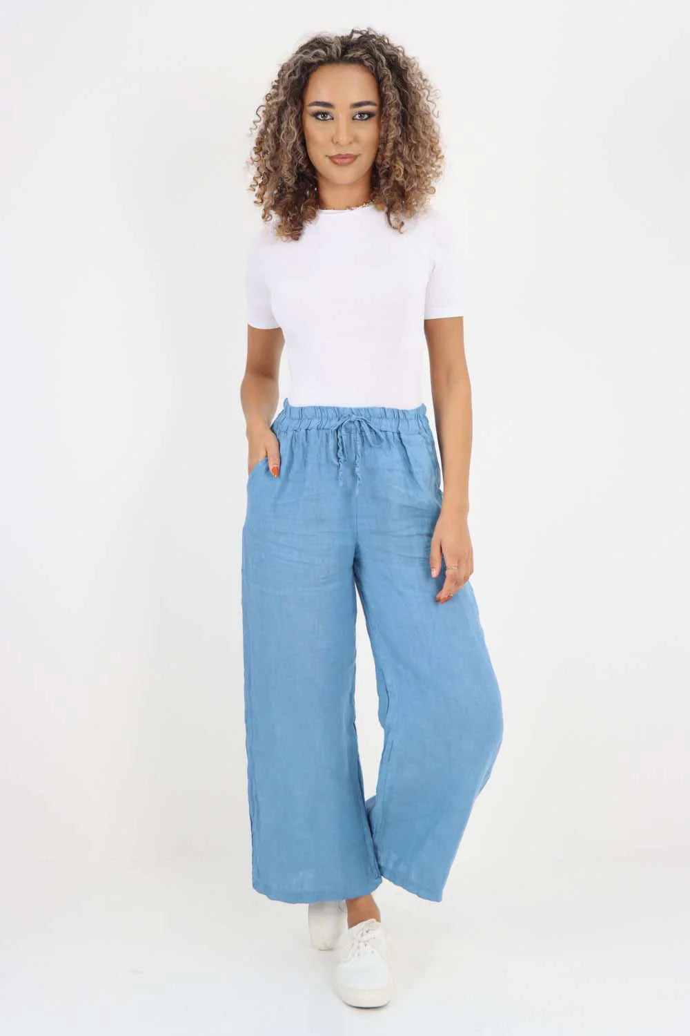 Italian Plain Linen Palazzo Trouser - Light Denim