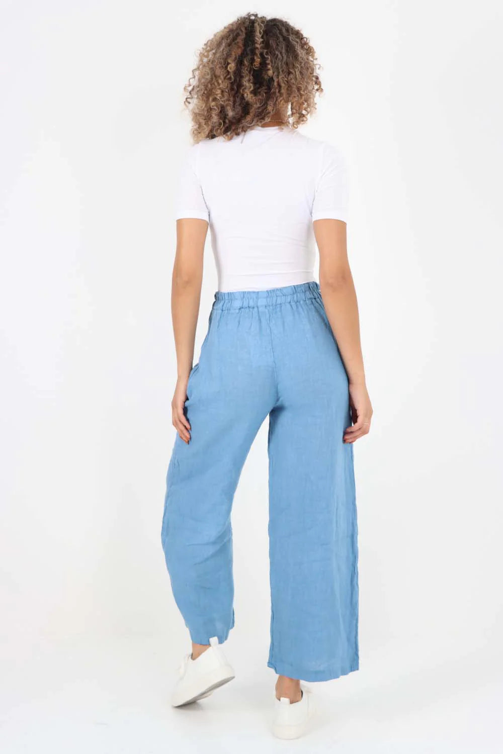 Italian Plain Linen Palazzo Trouser - Light Denim