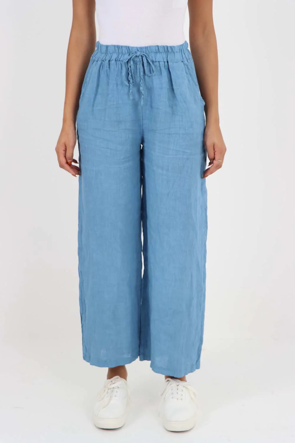 Italian Plain Linen Palazzo Trouser - Light Denim