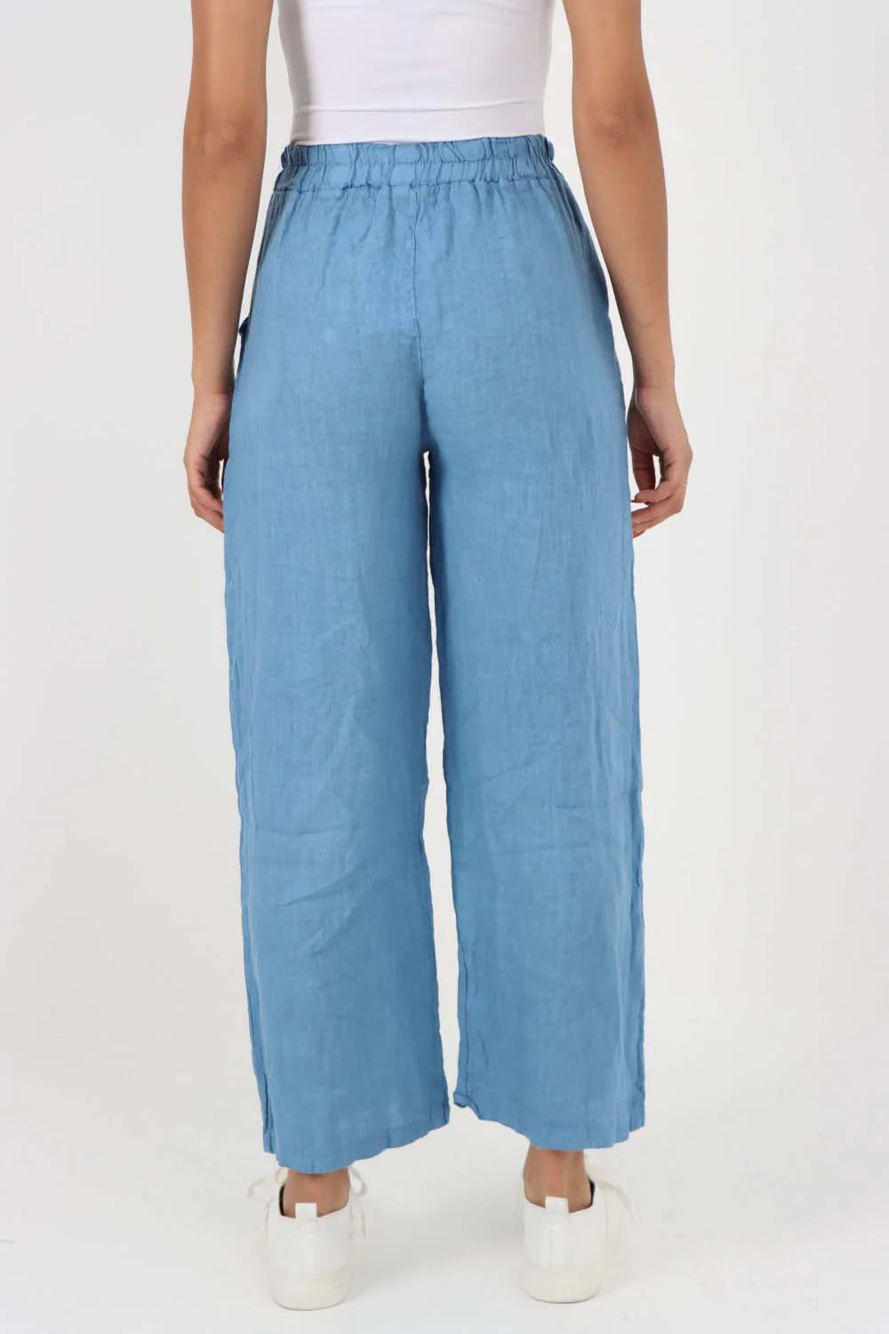 Italian Plain Linen Palazzo Trouser - Light Denim