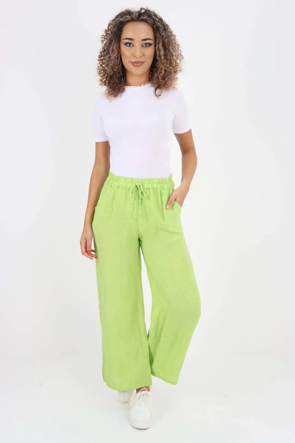 Italian Plain Linen Palazzo Trouser - Lime Green