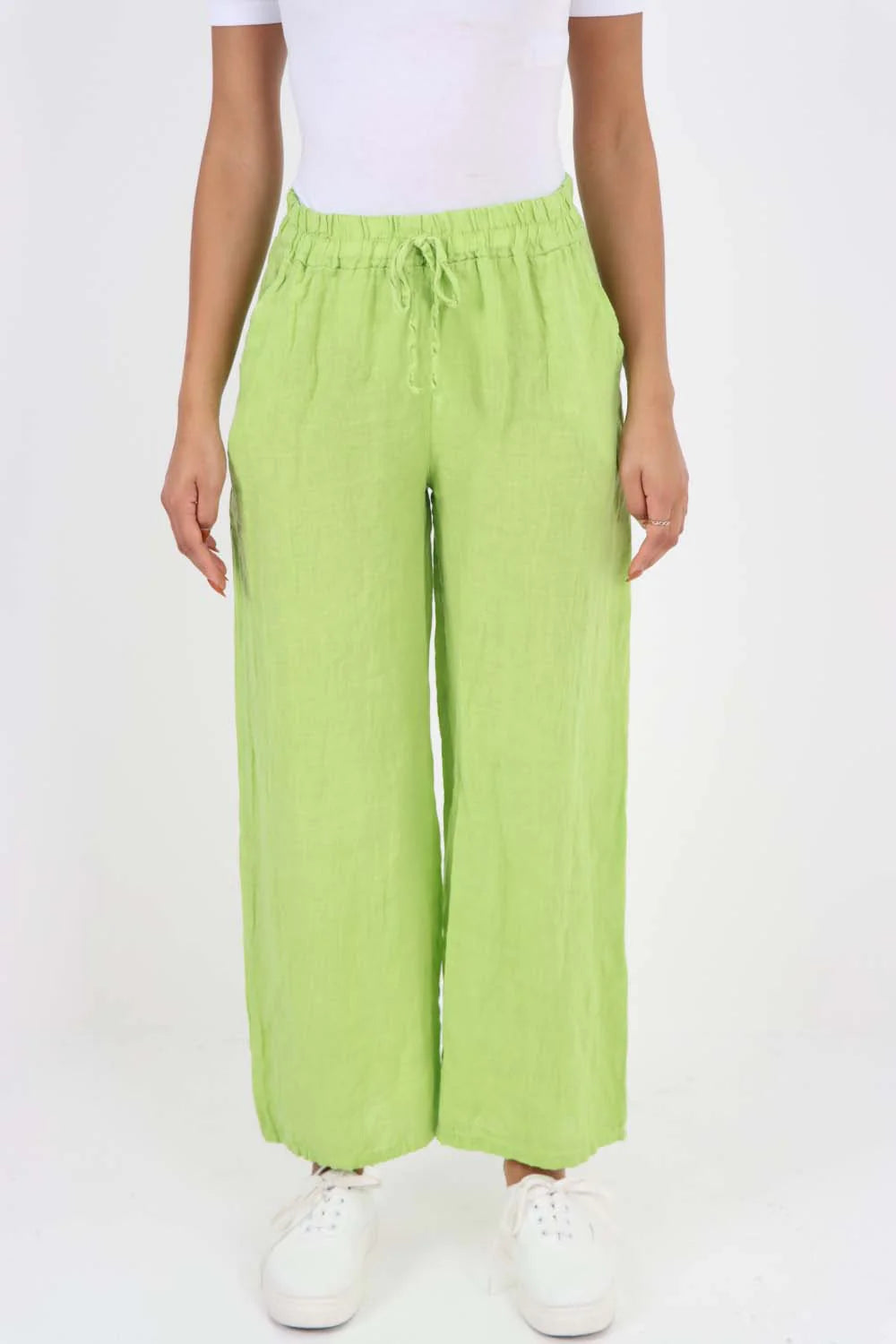 Italian Plain Linen Palazzo Trouser - Lime Green