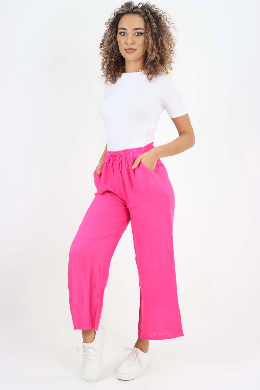 Italian Plain Linen Palazzo Trouser - Pink