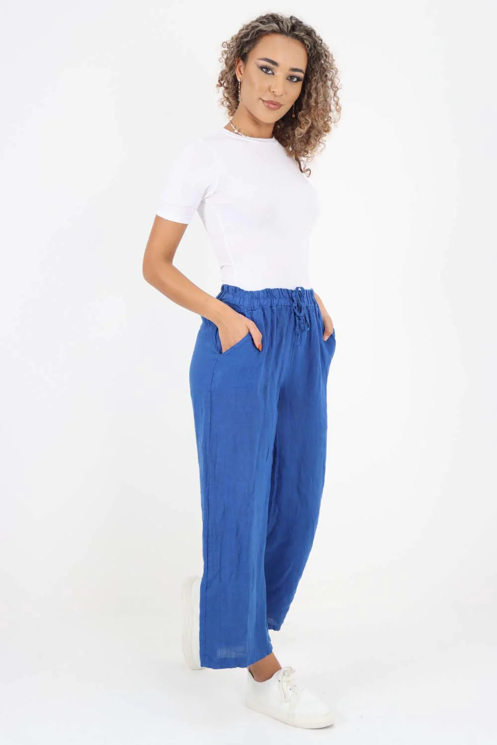 Italian Plain Linen Palazzo Trouser - Royal Blue