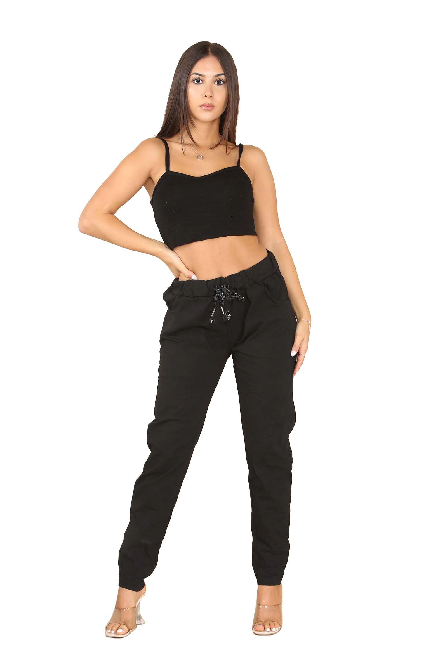 Italian Glitter Drawstring Waistband Magic Pants - Black