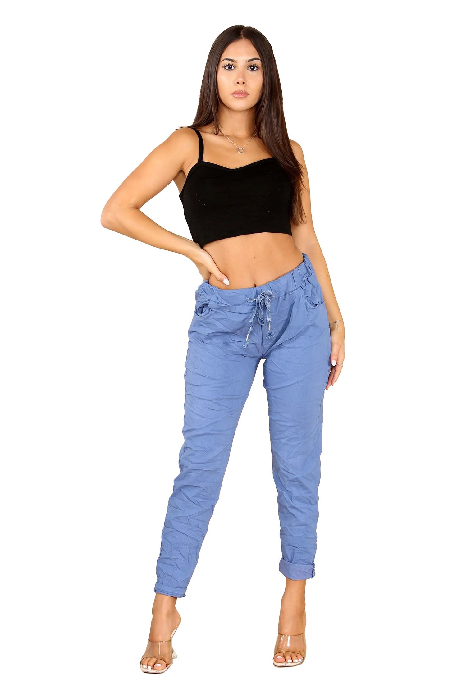 Italian Glitter Drawstring Waistband Magic Pants - Denim Blue