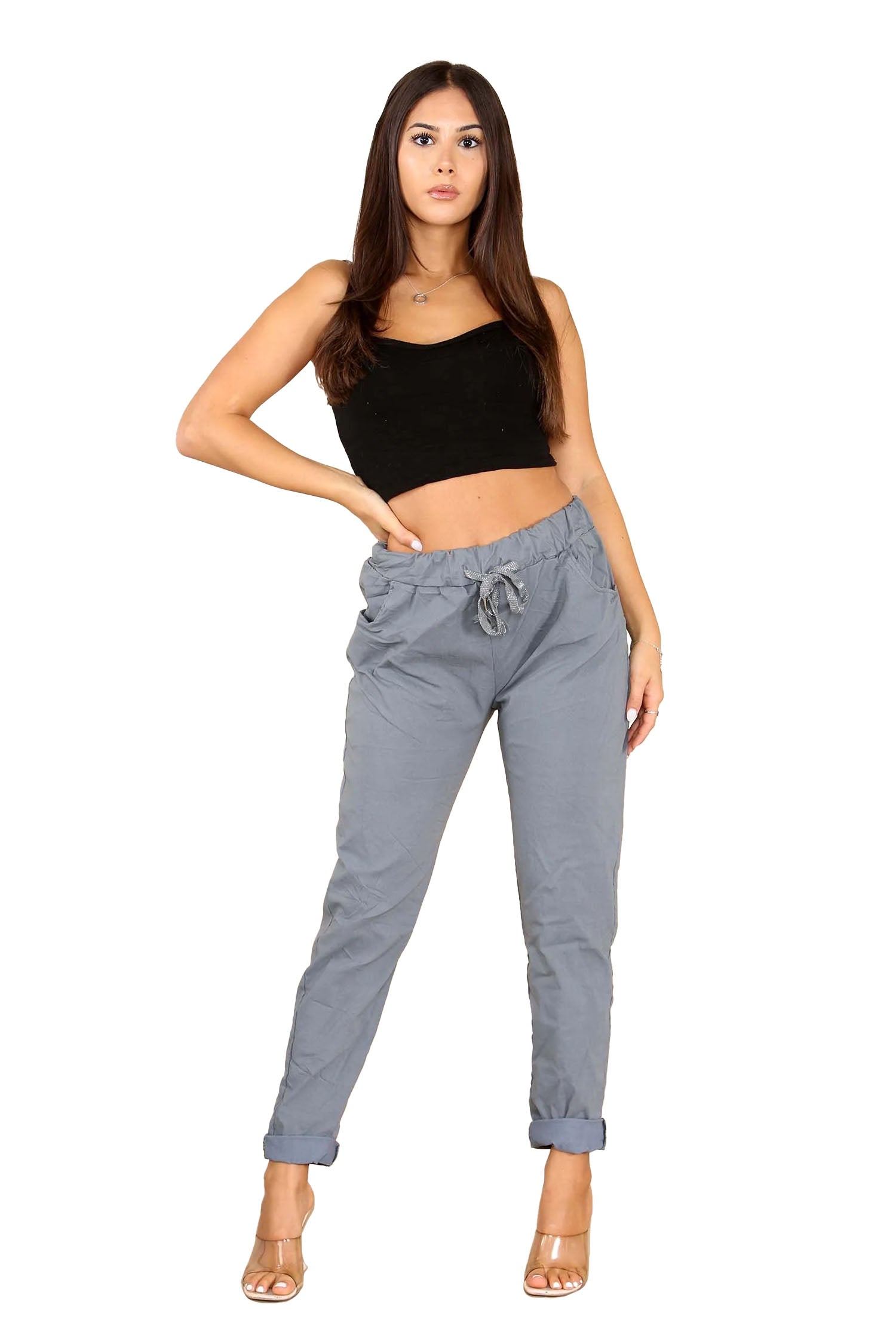 Italian Glitter Drawstring Waistband Magic Pants - Grey