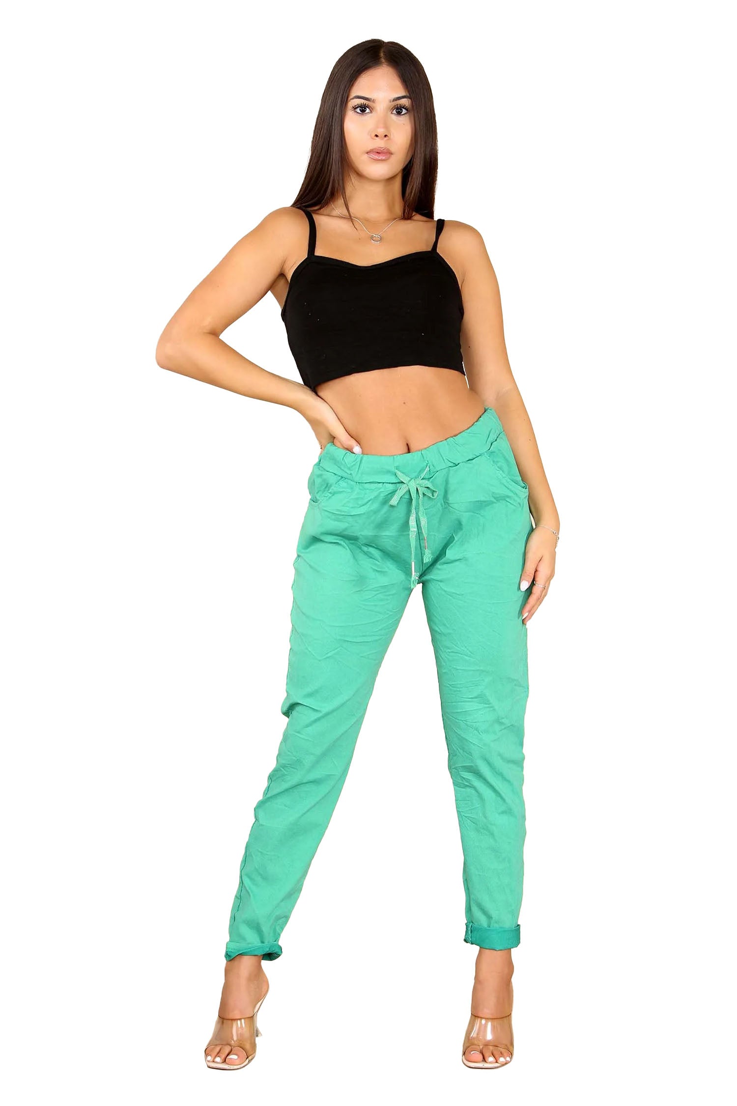 Italian Glitter Drawstring Waistband Magic Pants - Jade Green