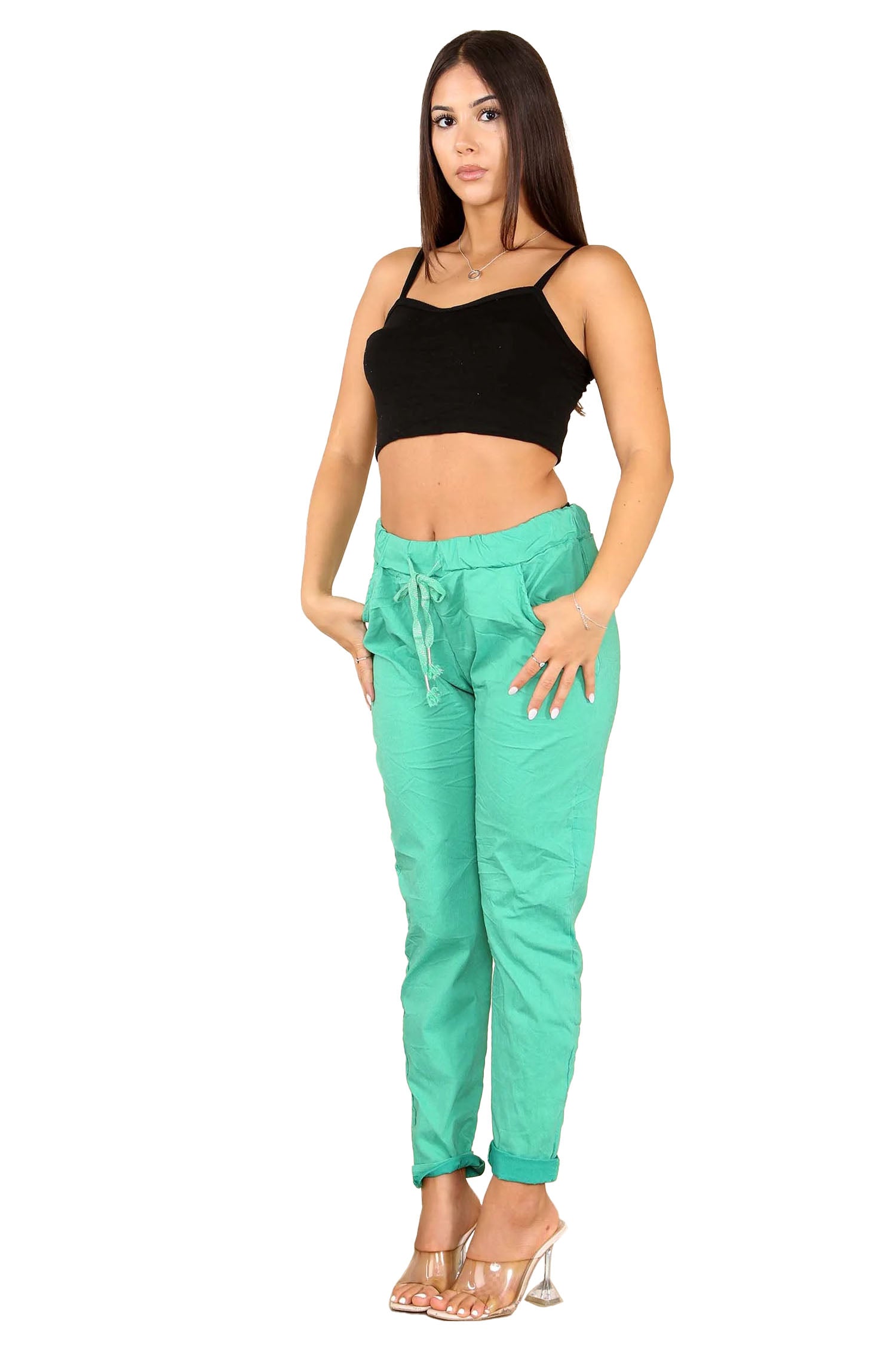 Italian Glitter Drawstring Waistband Magic Pants - Jade Green