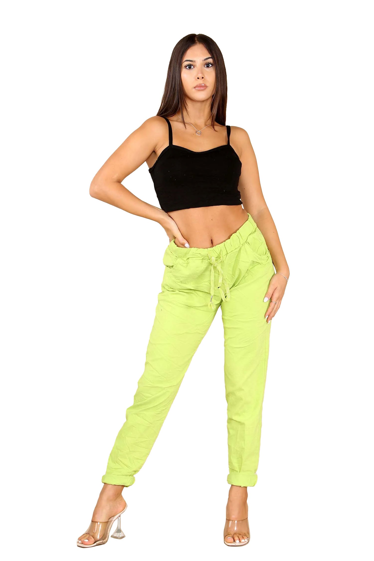 Italian Glitter Drawstring Waistband Magic Pants - Lemon