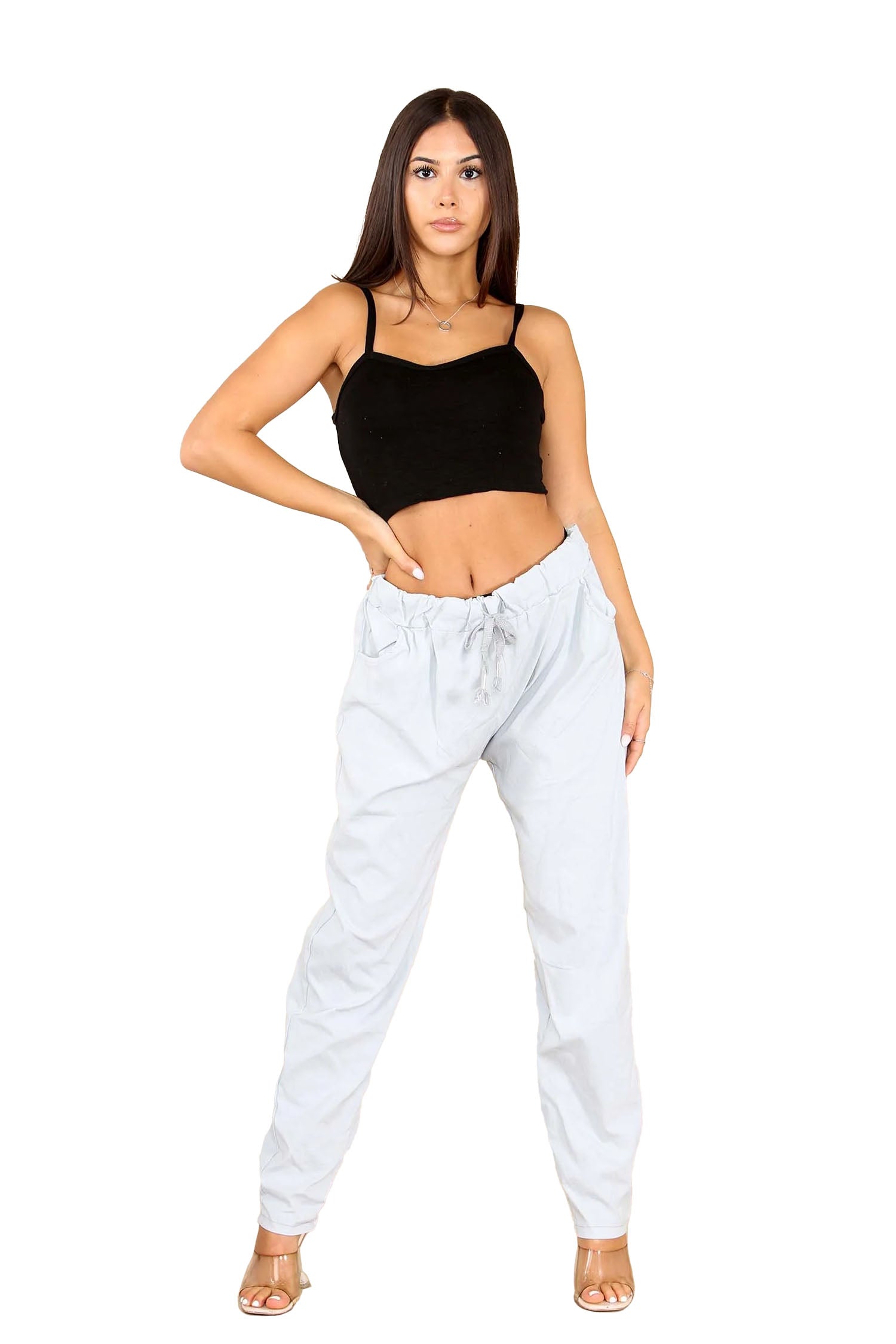 Italian Glitter Drawstring Waistband Magic Pants - Light Grey