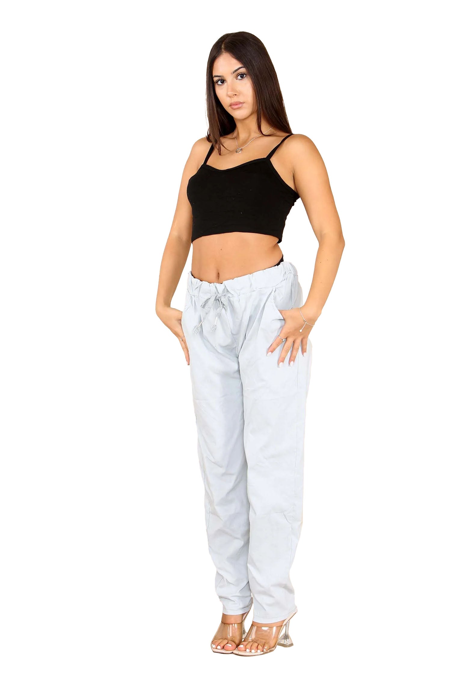 Italian Glitter Drawstring Waistband Magic Pants - Light Grey