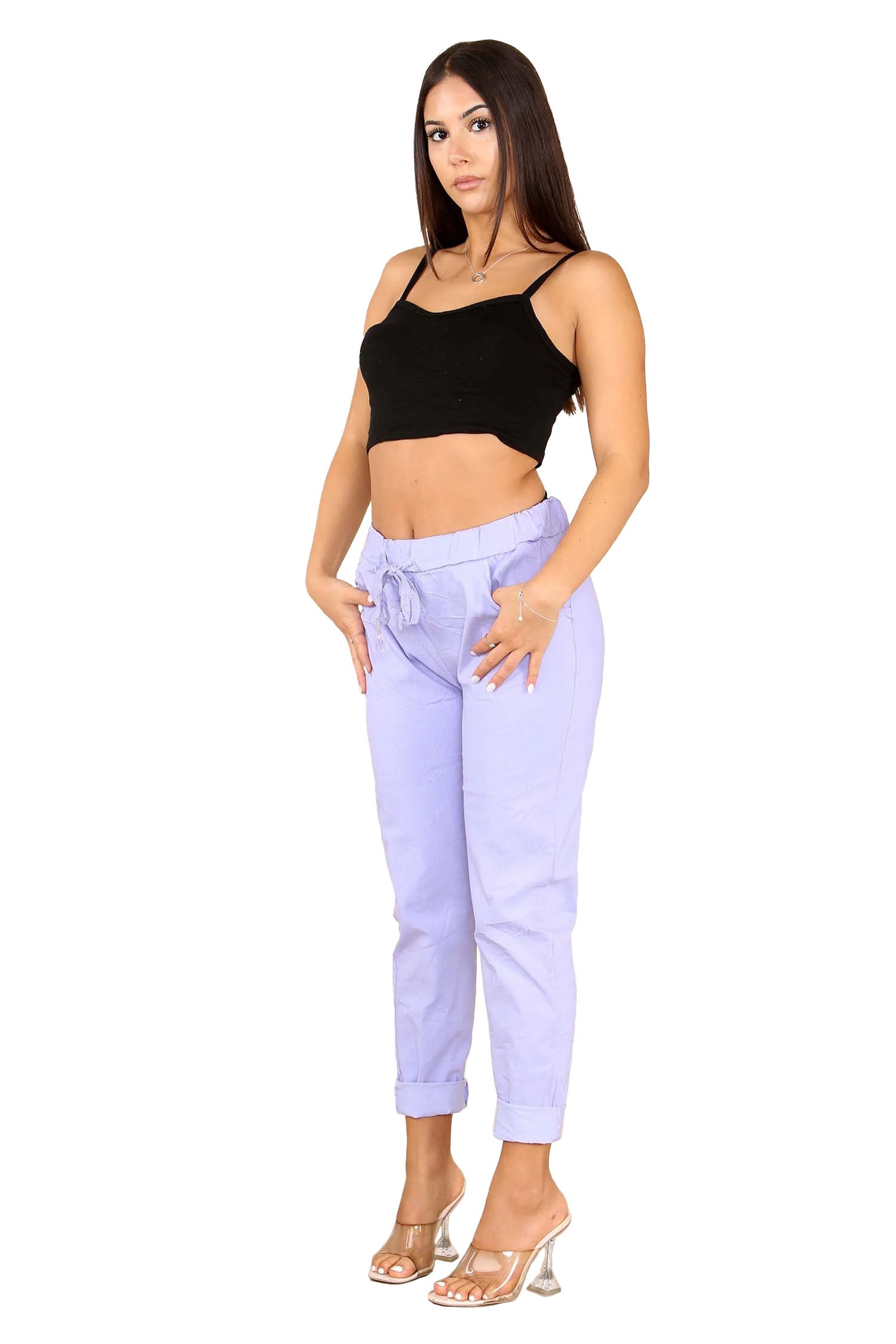 Italian Glitter Drawstring Waistband Magic Pants - Lilac