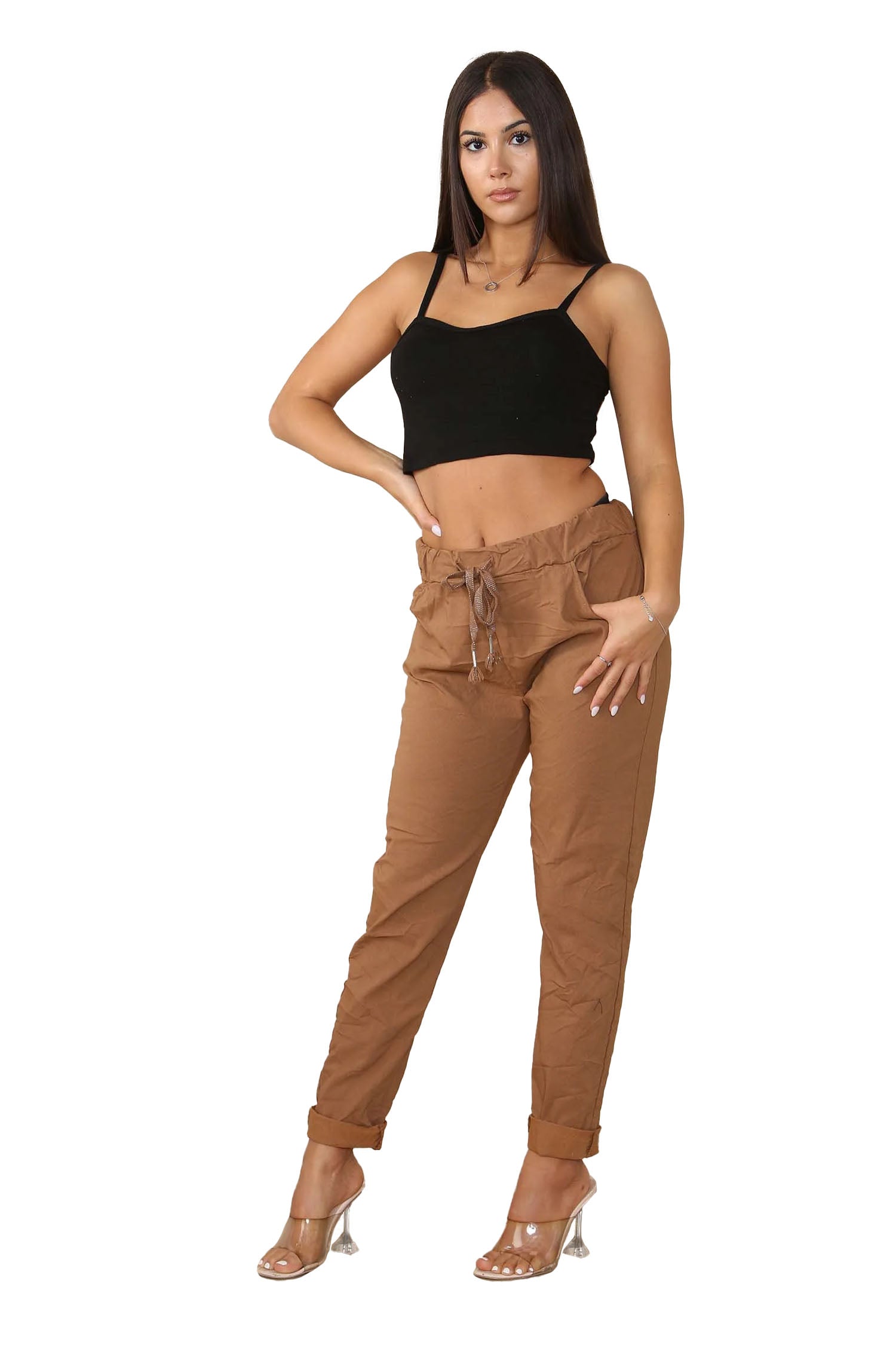 Italian Glitter Drawstring Waistband Magic Pants - Mocha