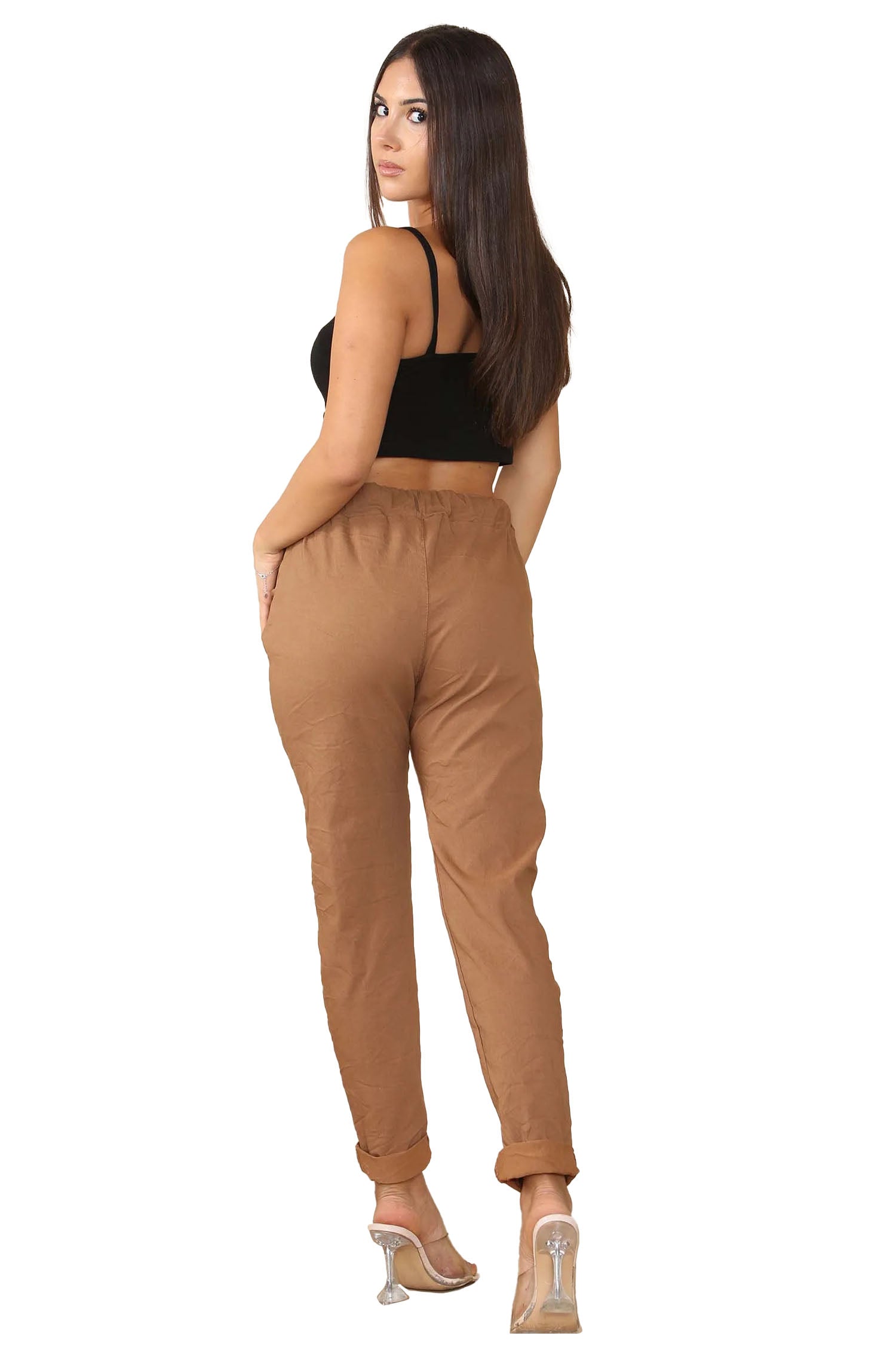 Italian Glitter Drawstring Waistband Magic Pants - Mocha