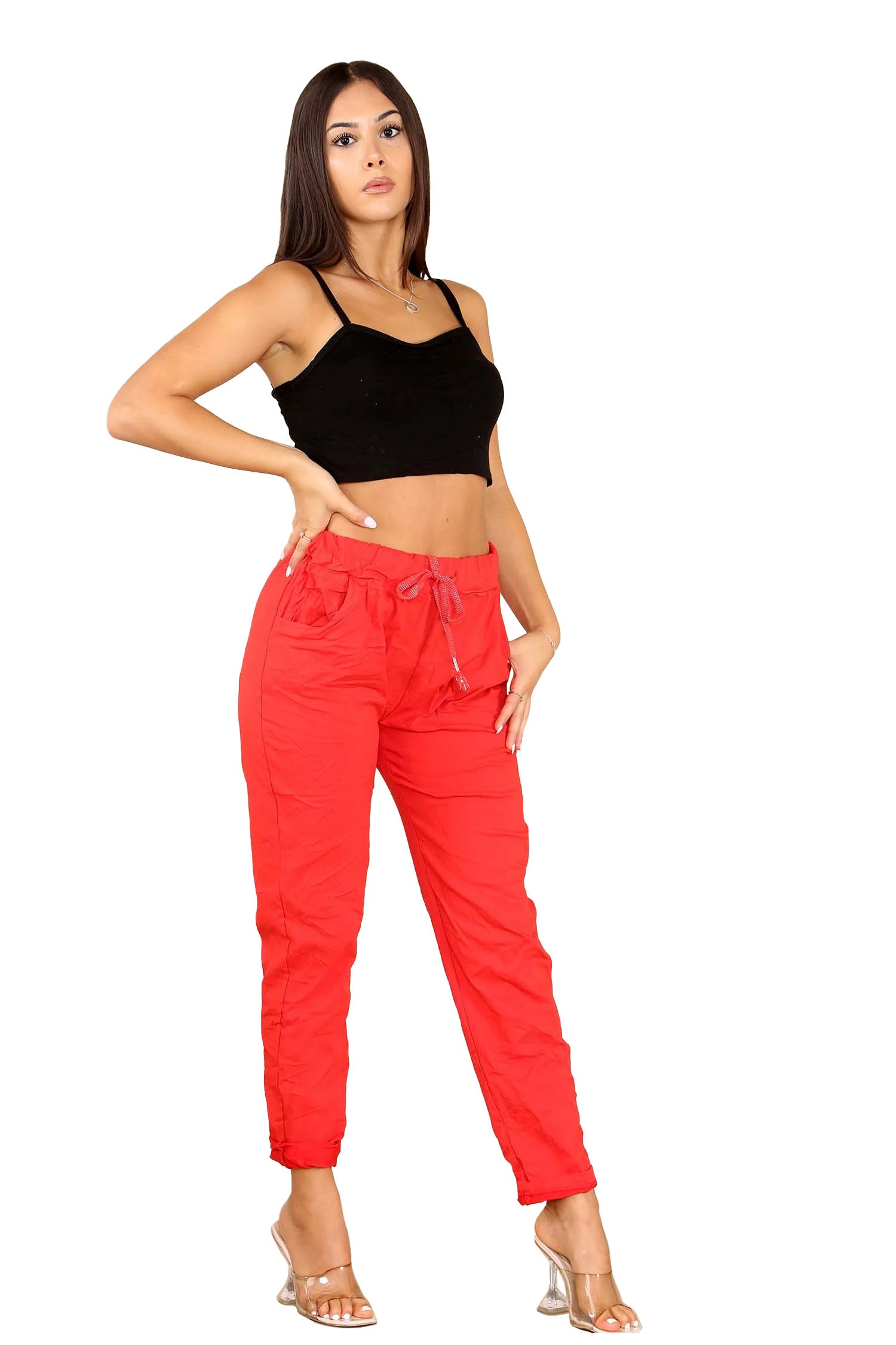 Italian Glitter Drawstring Waistband Magic Pants - Red