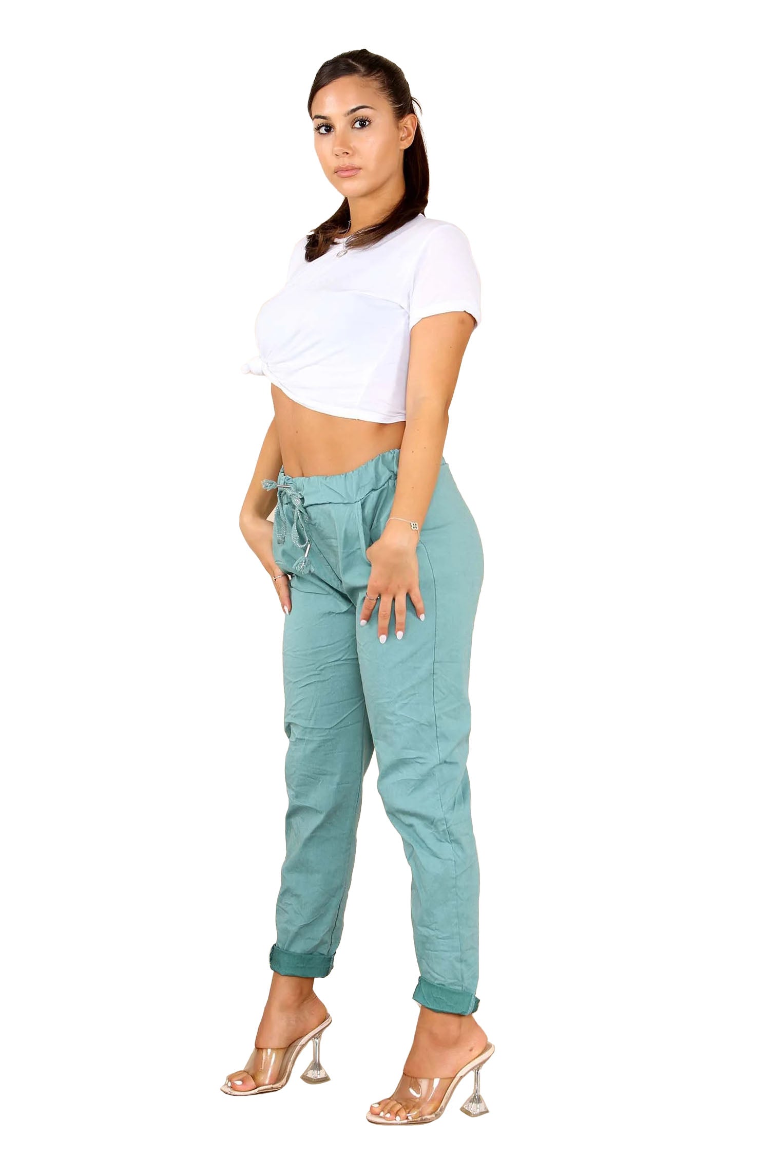 Italian Glitter Drawstring Waistband Magic Pants - Sea Green