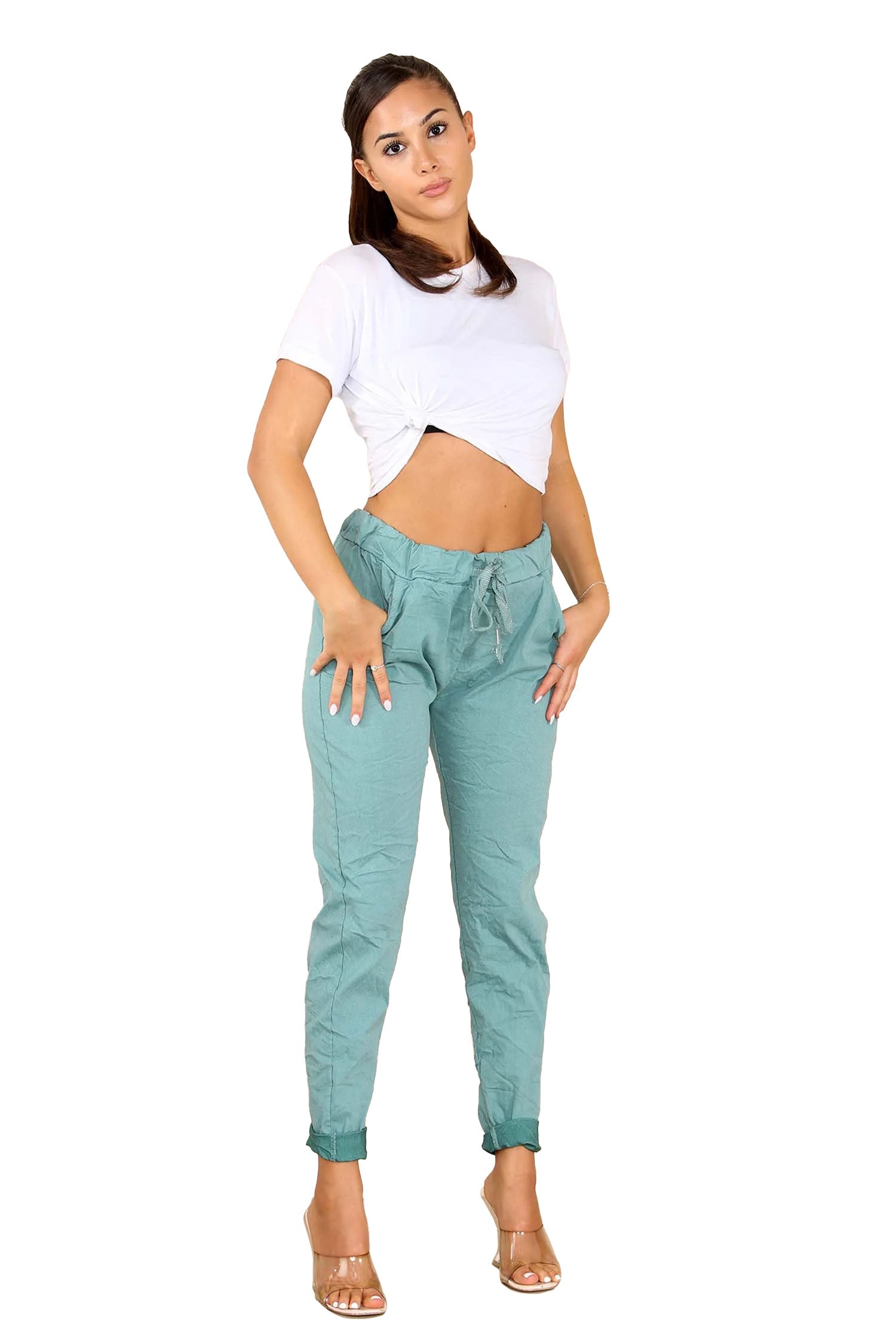 Italian Glitter Drawstring Waistband Magic Pants - Sea Green